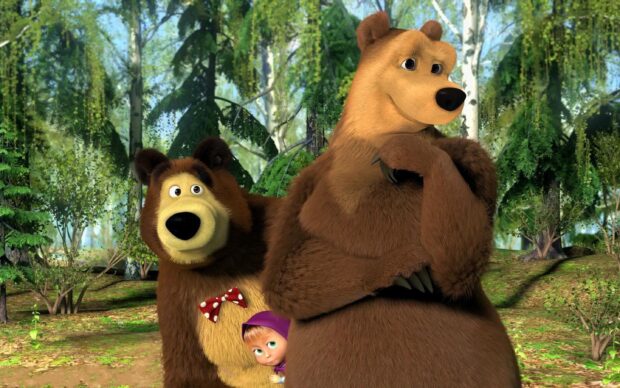 Two bears standing in a forest with a little girl peeking from behind one of the bears