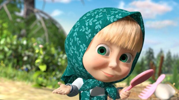 Masha And The Bear character wearing a green headscarf holding a pink mirror outdoors
