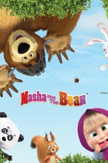 Masha and the bear characters smiling with a squirrel and panda in a playful scene