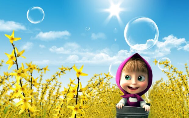 A happy Masha character in purple scarf stands in yellow flower field under blue sky with bubbles floating