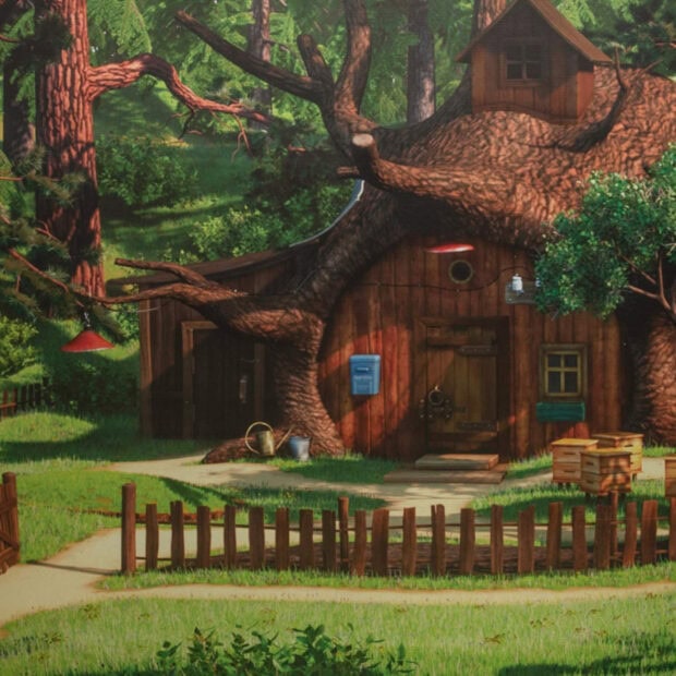 Masha And The Bear house made from a large tree trunk in a forest setting