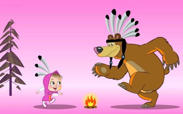 Masha and the bear playing near a campfire in a pink background with headbands and feathers