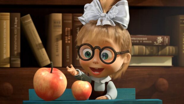 Masha character from Masha And The Bear wears glasses and plays with apples on a blue table