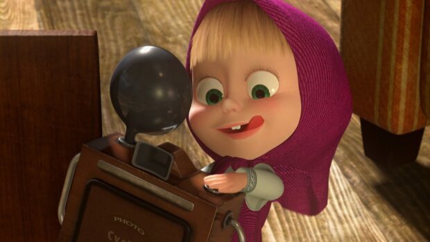 Masha from Masha And The Bear adjusting a vintage camera with a playful expression