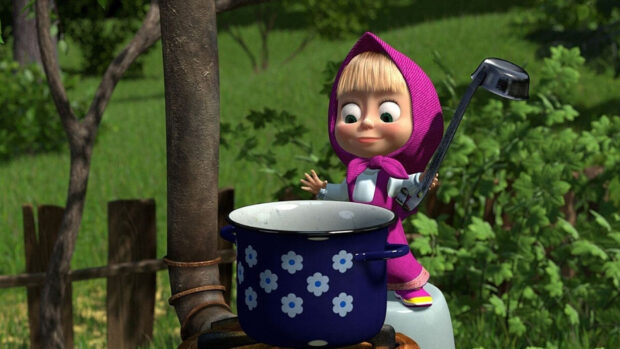Masha from the animated series preparing soup with a ladle outdoors