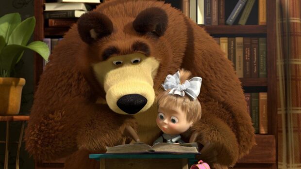 The Bear and Masha reading a book together in the library scene