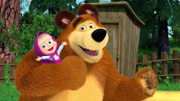 Masha and the bear characters enjoying a happy moment in a forest setting