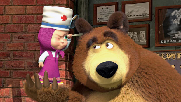 Masha and the Bear characters in a playful scene inside a cozy room