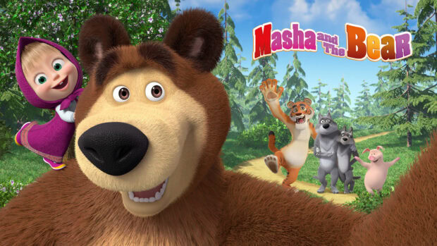 Masha and the Bear characters smiling in the forest with friends and trees