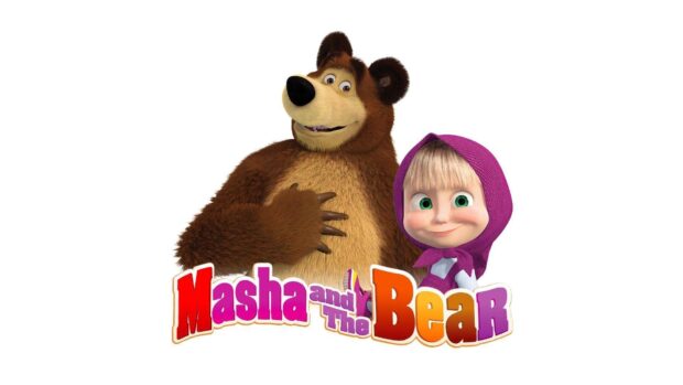 Masha and the bear characters smiling together in a friendly pose