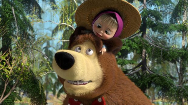 Masha and the bear enjoying a moment in the forest with a straw hat on a sunny day