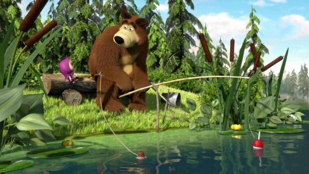 Masha and the bear fishing by the pond in a green forest landscape
