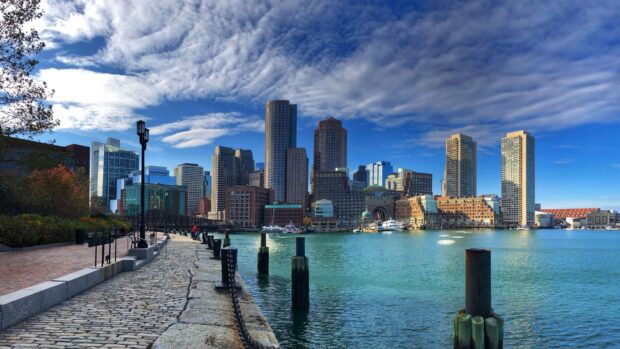 Waterfront with Boston skyline and clear sky in Massachusetts