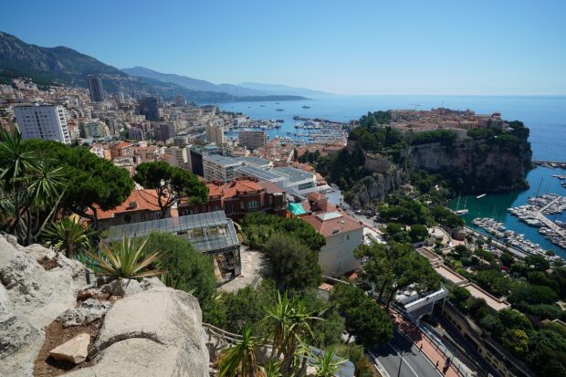 A panoramic view of Monaco city and coastline with lush greenery and a marina full of boats