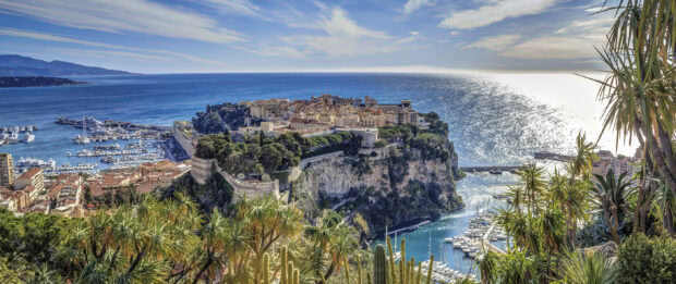 A stunning view of Monaco cityscape on a cliff overlooking the sea with lush greenery and marina yachts