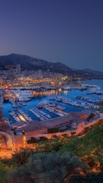 Stunning Monaco cityscape with yachts and illuminated harbor during twilight