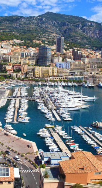A scenic view of Monaco harbor with yachts and cityscape nestled against mountain terrain