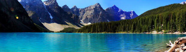 Crystal clear water at Moraine Lake surrounded by pine trees and rugged mountains in vivid colors