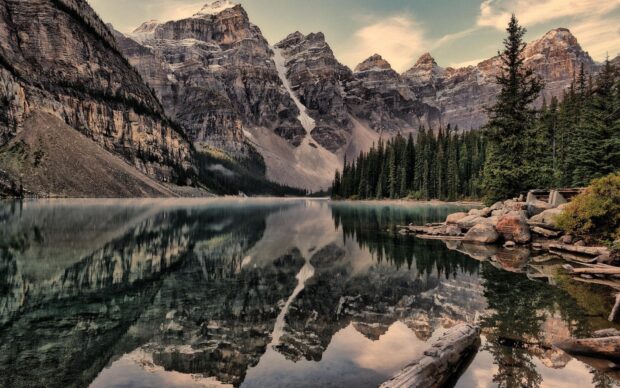 Moraine Lake surrounded by mountains and pine trees reflecting on calm water surface