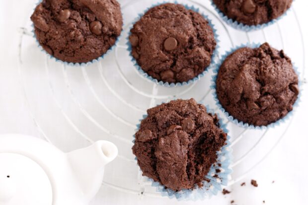 Chocolate muffin with chocolate chips on a cooling rack viewed from above