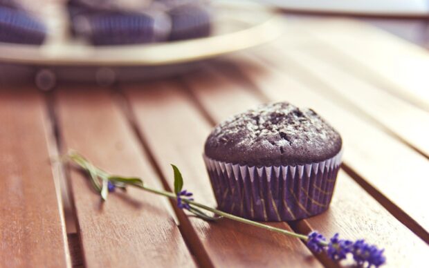 A chocolate muffin placed on a wooden table with a sprig of lavender alongside