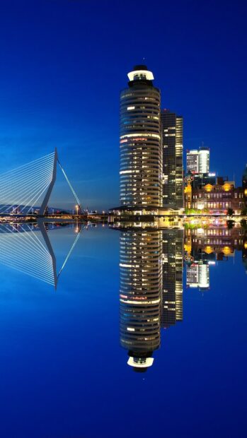 Modern Rotterdam architecture reflected on calm water during twilight in Netherlands