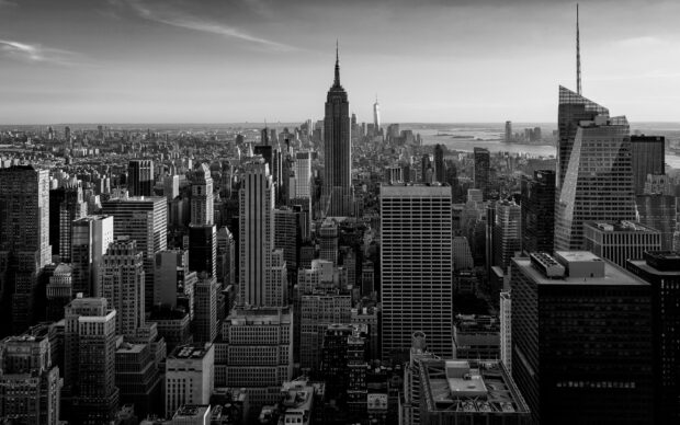 Black and white view of New York skyline with iconic skyscrapers in detailed cityscape