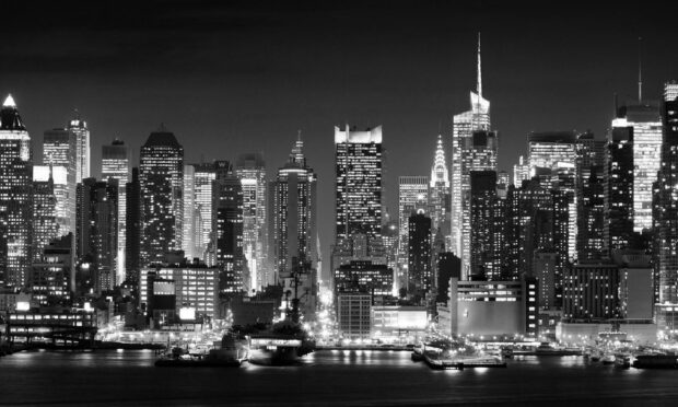 Night view of New York skyline black and white cityscape