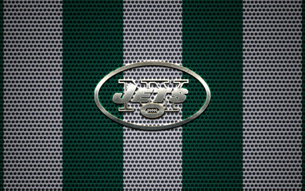 The New York Jets logo on a metallic perforated green and gray striped background
