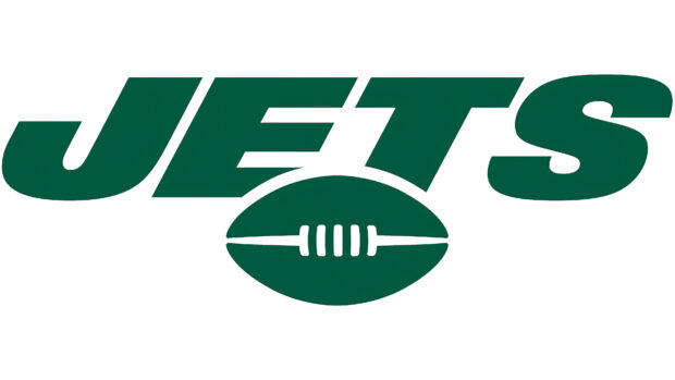 Green New York Jets logo with a football in a clean white background