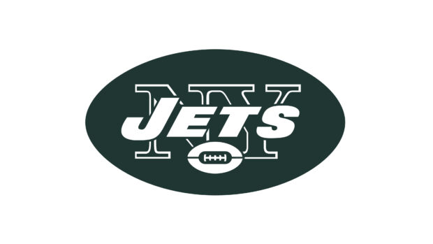 New York Jets logo in white and green colors on a dark background