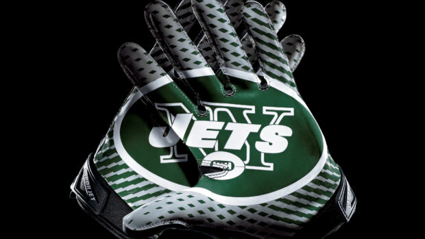 Football gloves showing New York Jets logo in green and white design