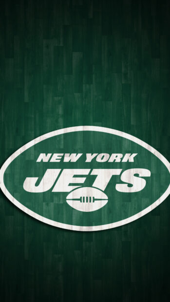 The New York Jets logo on a green wood textured background