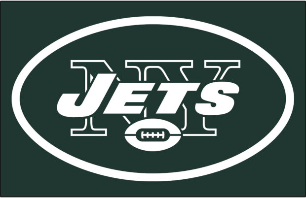 New York Jets logo with football on dark green background