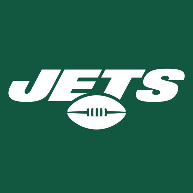 New York Jets logo with a football on a dark green background