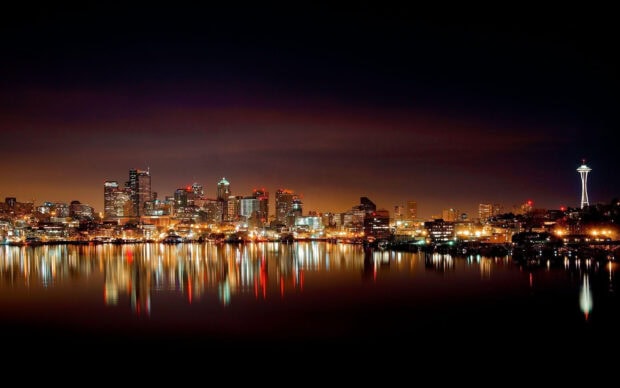 Night skyline with city lights reflecting on calm water at night