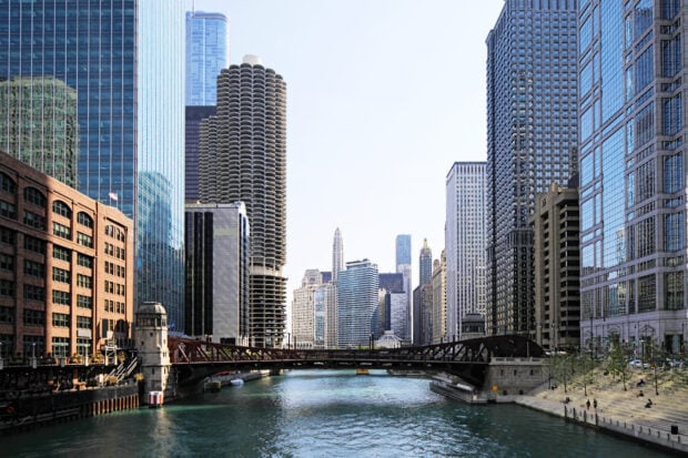 Chicago downtown cityscape with river and skyscrapers in North America