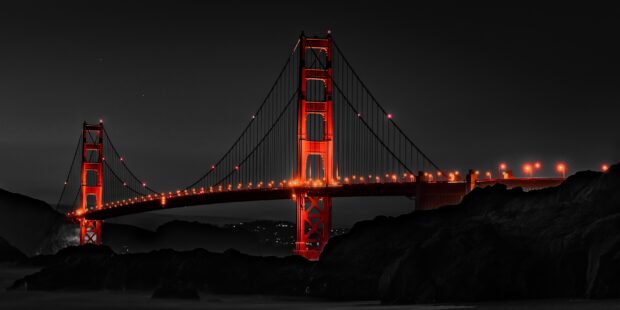 Illuminated Golden Gate Bridge at night showcasing North America architecture