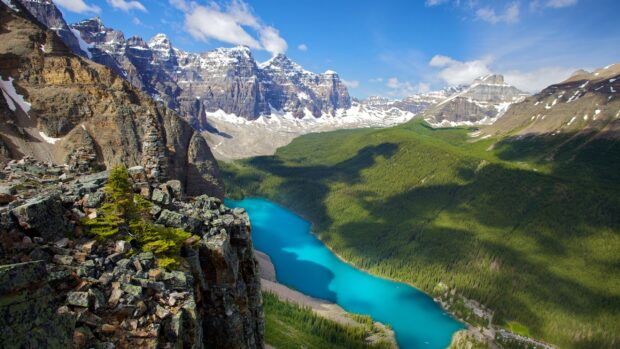 Rocky Mountains with turquoise lake and dense forest in North America landscape