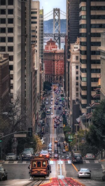 San Francisco street view with cable car and iconic North America cityscape