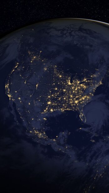 Nighttime satellite view showing North America city lights and urban areas at night