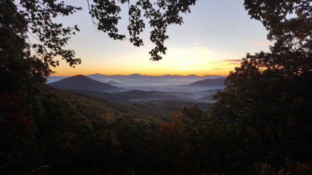 Misty mountain landscape in North Carolina during sunrise with trees framing the view
