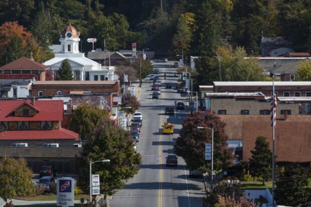 A small town street scene in North Carolina with buildings and trees lining the road