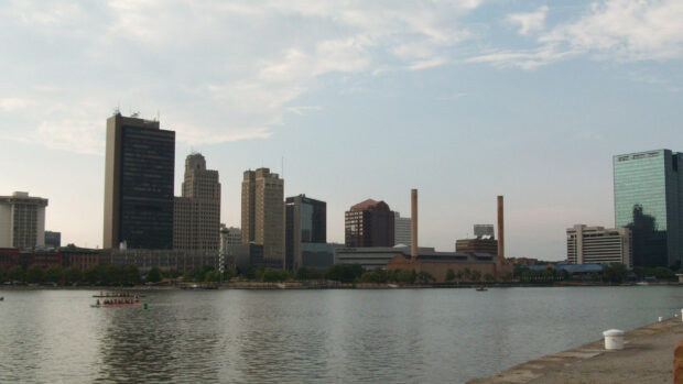 Downtown skyline with Ohio buildings and river view in clear sky