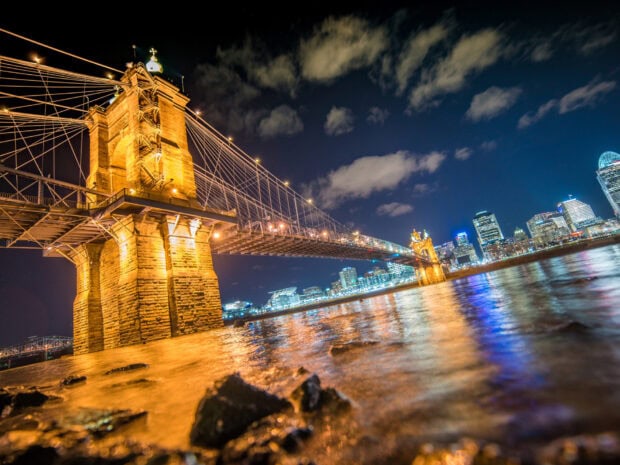 The Ohio cityscape with the historic bridge and illuminated skyline at night
