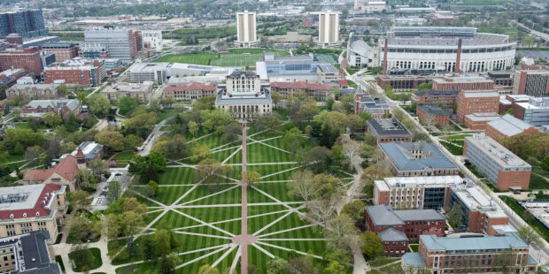 Aerial view of Ohio university campus with green lawns and multiple buildings during spring