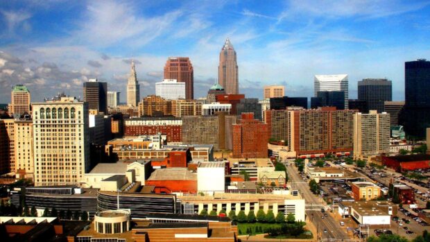 Downtown Ohio skyline featuring tall buildings under a bright blue sky