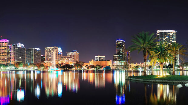 Orlando skyline with illuminated buildings and palm trees reflecting on water at night