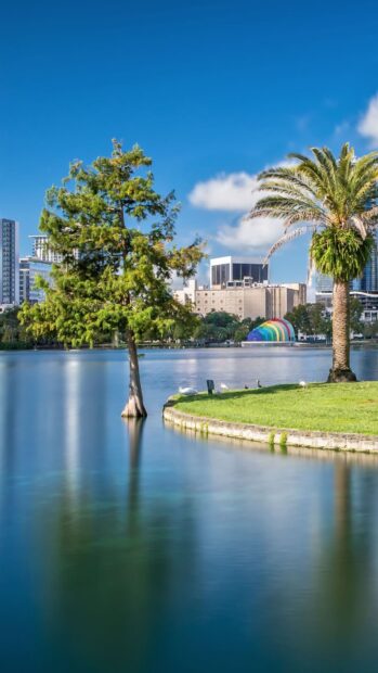 A scenic view of Orlando skyline with trees and a rainbow arch near the lake