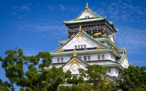 A traditional Osaka Castle structure surrounded by green trees under a clear blue sky